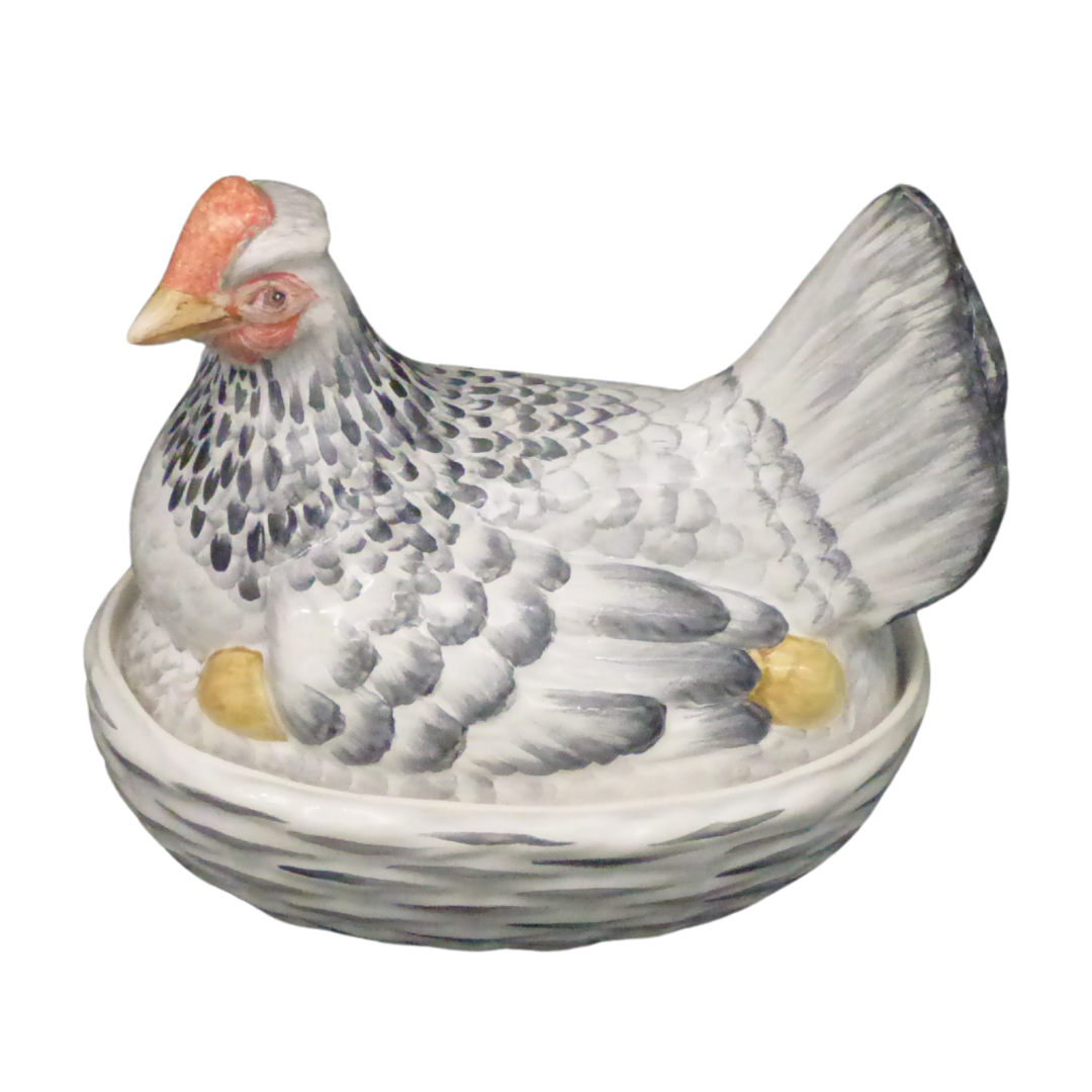 Large grey white Chicken terrine lidded dish