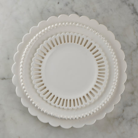 Large scallop Chevet Pleine dinner plate, Pearls salad plate and straight openwork dessert plate by Bourg-Joly Malicorne